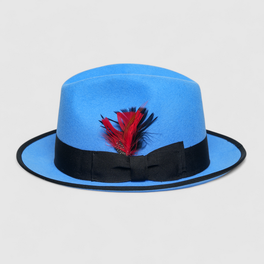 Chokore Classic Bluebird Fedora Hat with Feather Detail (Soft Blue)
