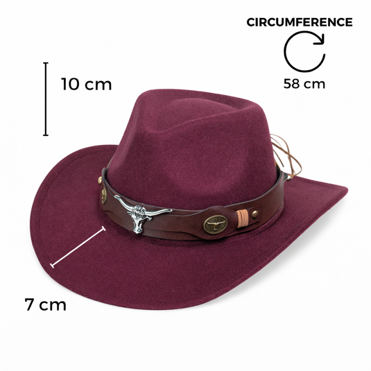 Chokore American Cowhead Classic Cowboy Hat with Ox Belt (Burgundy)