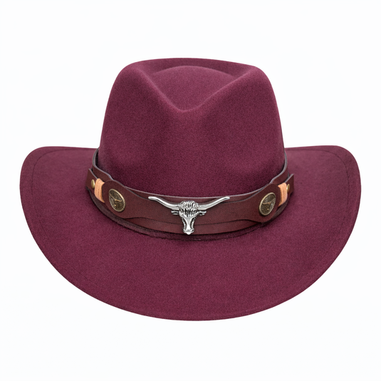 Chokore American Cowhead Classic Cowboy Hat with Ox Belt (Burgundy)