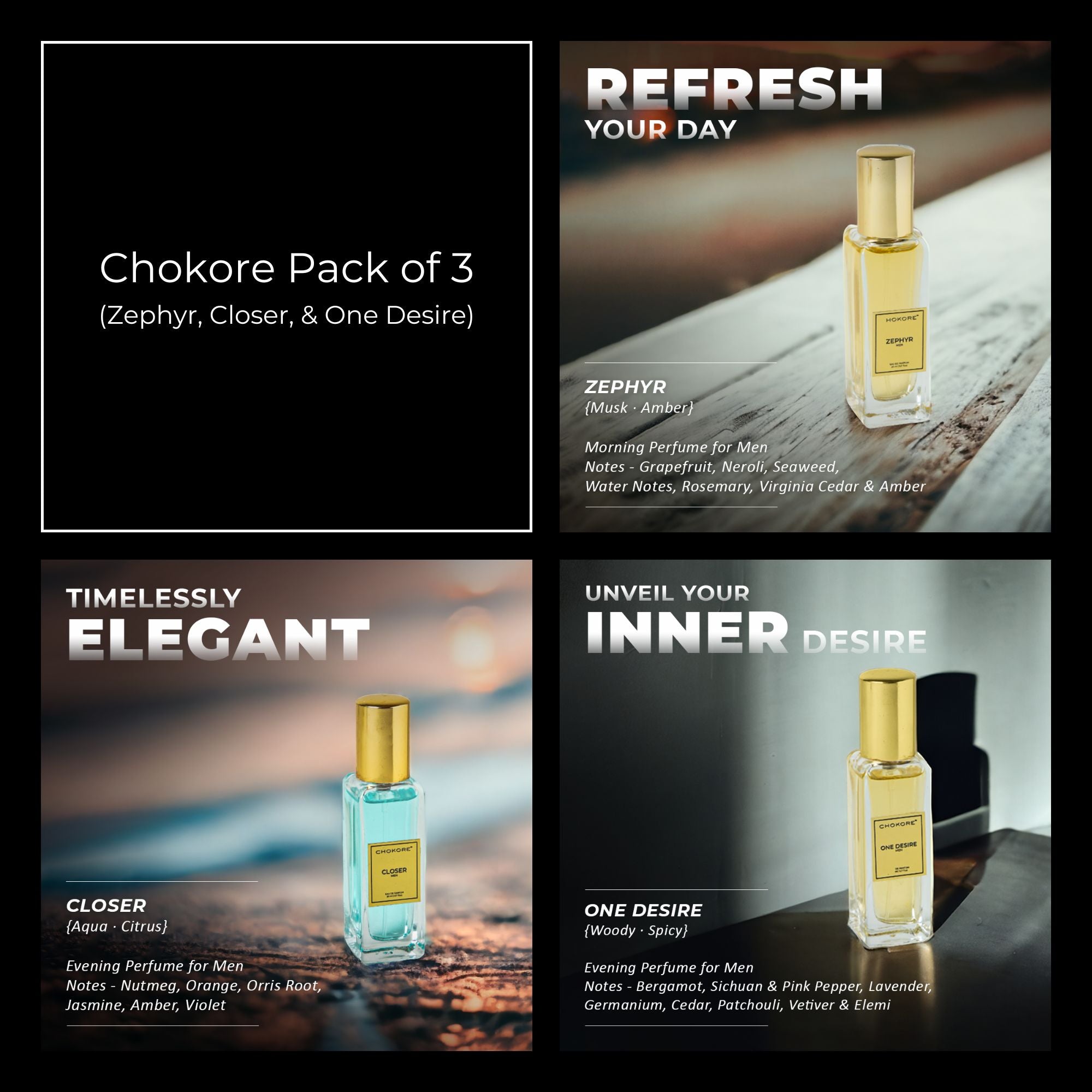 Chokore Perfume Combo Pack of 3 Only For Men (Zephyr, Closer, & One Desire) | 3 x 20 ml
