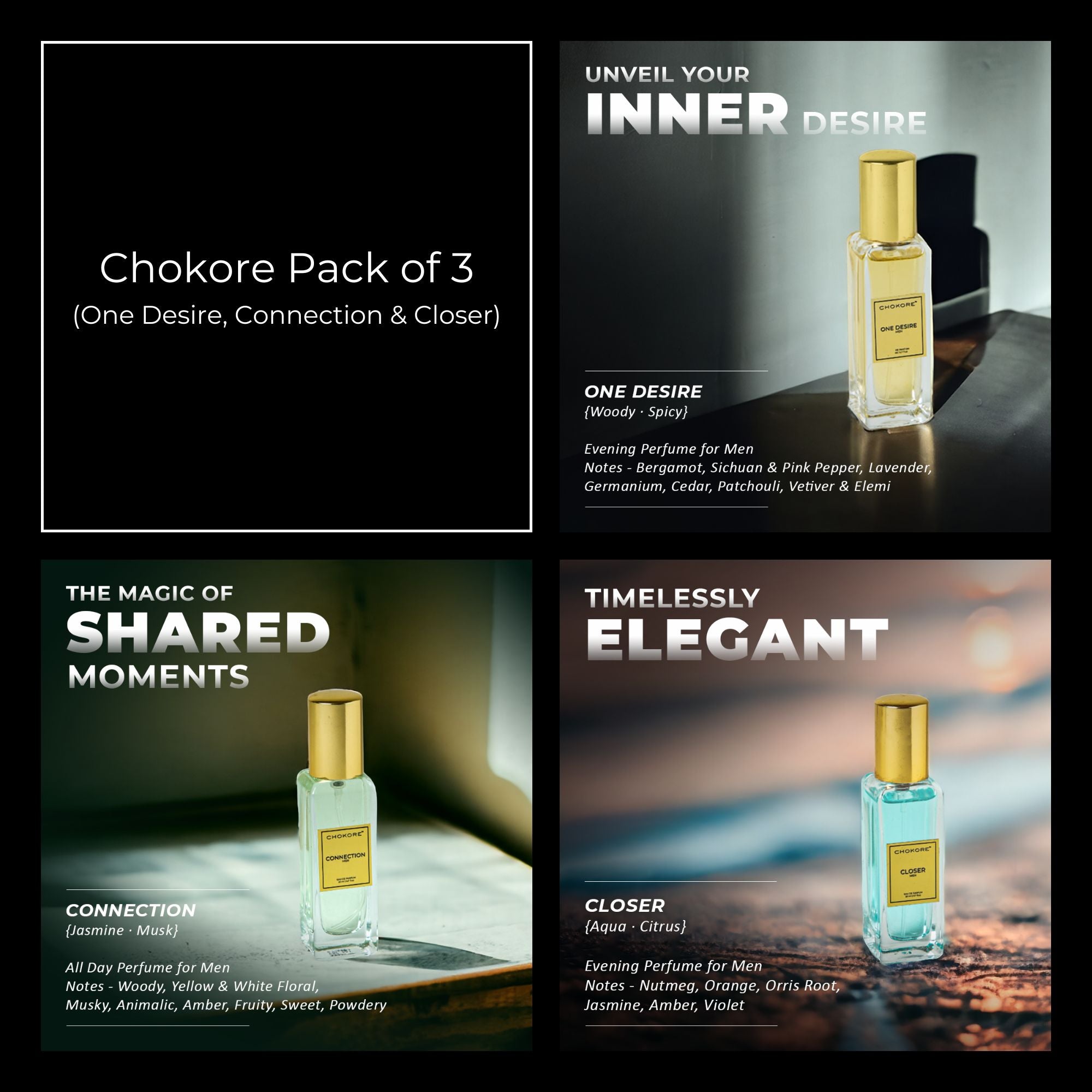 Chokore Perfume Combo Pack of 3 Only For Men (One Desire, Connection, & Closer) | 3 x 20 ml