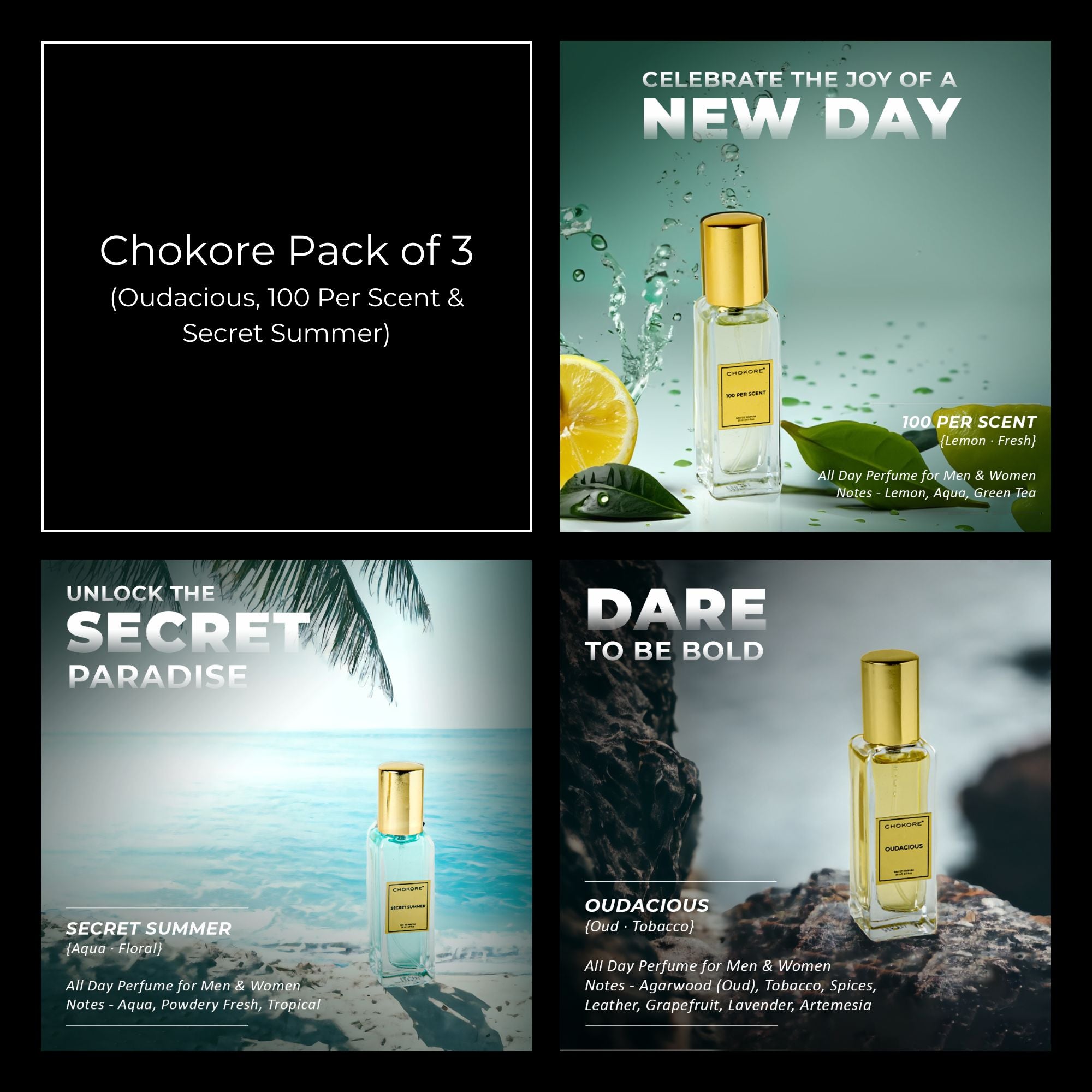Chokore Perfume Combo Pack of 3 For Men & Women (Oudacious, 100 Per Scent, & Secret Summer) | 3 x 20 ml