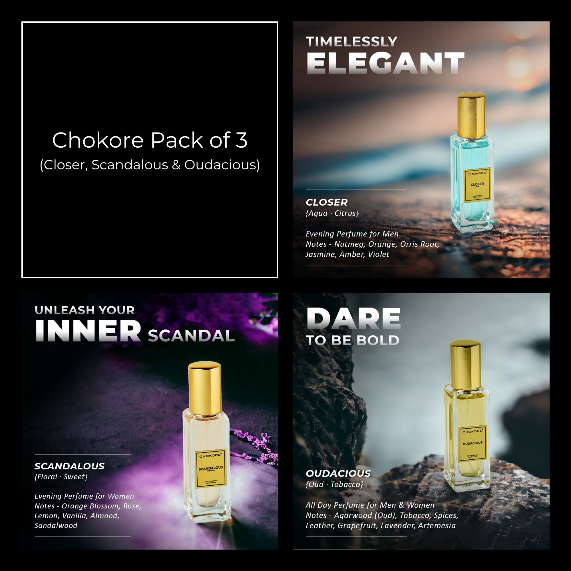 Chokore Perfume Combo Pack of 3 For Men & Women (Closer, Scandalous, & Oudacious) | 3 x 20 ml
