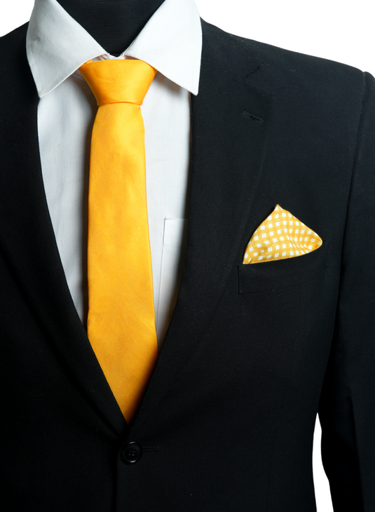 Chokore Checkered Past (Orange) - Pocket Square & Yellow color silk tie for men
