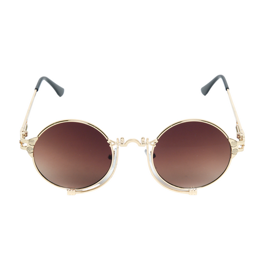 Chokore Vintage Round Metal Sunglasses (Gold & Brown)