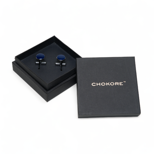 Chokore Round Silver Cufflinks (Blue)