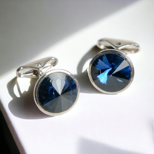 Deep Blue Crystal Silver Brass Cufflinks – Formal & Festive Wear