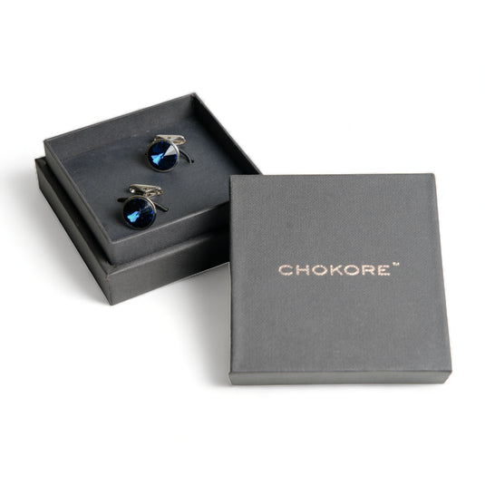 Deep Blue Crystal Silver Brass Cufflinks – Formal & Festive Wear