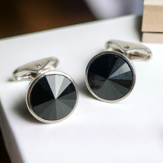 Jet Black Crystal Silver Brass Cufflinks – Formal & Sophisticated Wear
