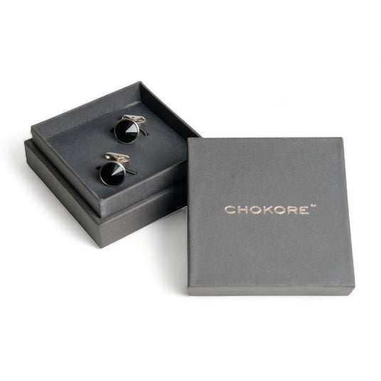 Jet Black Crystal Silver Brass Cufflinks – Formal & Sophisticated Wear