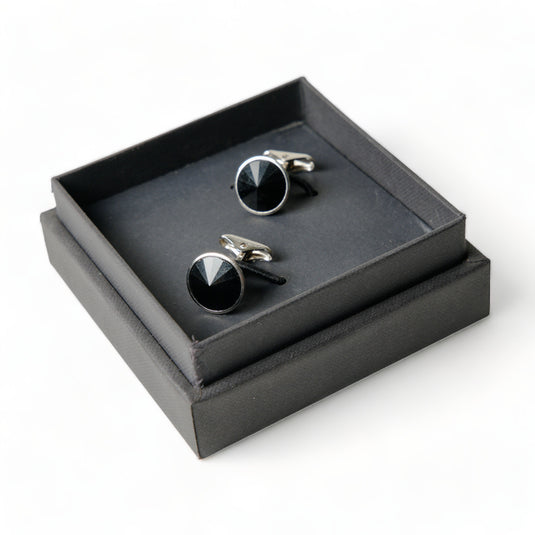 Jet Black Crystal Silver Brass Cufflinks – Formal & Sophisticated Wear