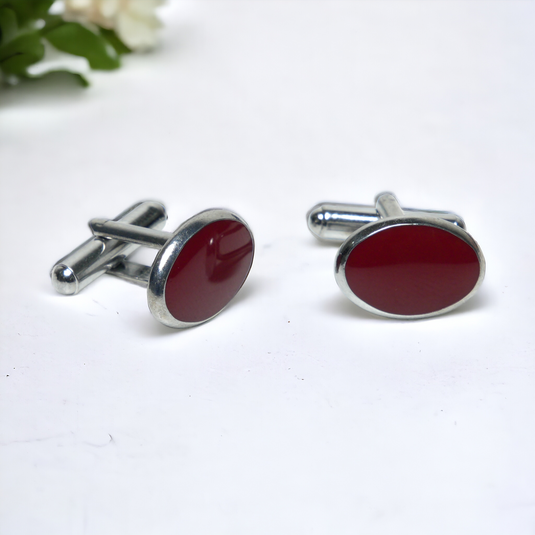 Chokore Silver Oval Cufflinks (Burgundy)