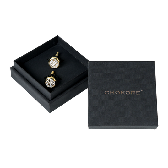 Gold Crystal Studded Round Brass Cufflinks – Festive & Celebration Wear