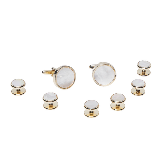 Gold & Mother-of-Pearl Brass Cufflinks and Studs Set (8 pcs) – Luxurious Tuxedo Wear