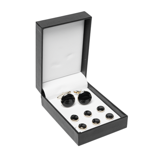 Black & Gold Brass Cufflinks and Studs Set (8 pcs) – Tuxedo Formal Wear