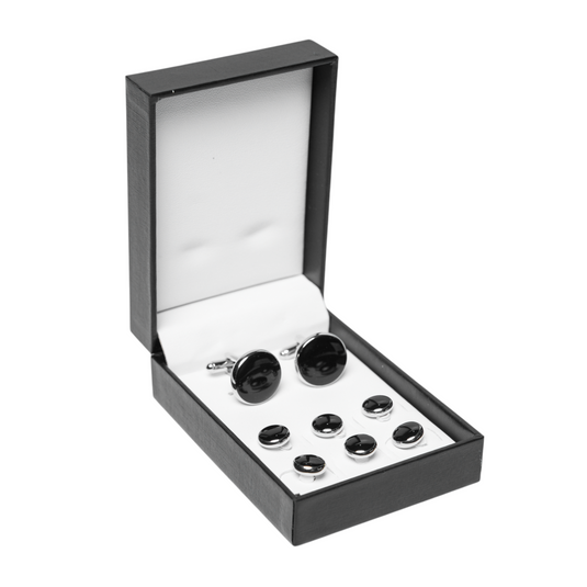 Black & Silver Brass Cufflinks and Studs Set (8 pcs) – Classic Tuxedo Wear