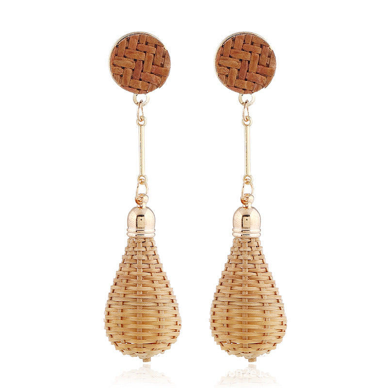 Bamboo Rattan Woven Lantern Drop earrings. Gold tone.