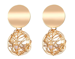Chokore Drop Earrings with a woven metal mesh ball and pearl. Gold tone. 