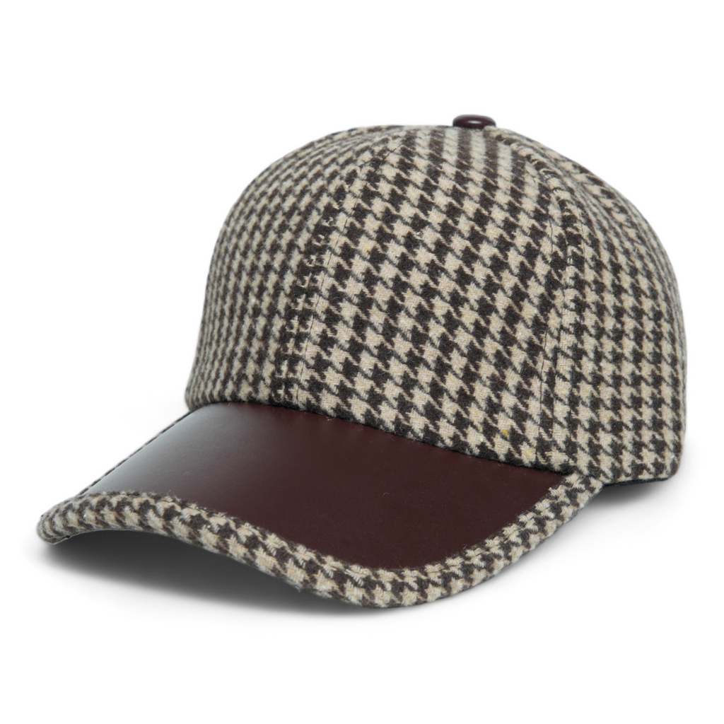 Chokore Retro Houndstooth Pattern Baseball Cap with Leather Details (C