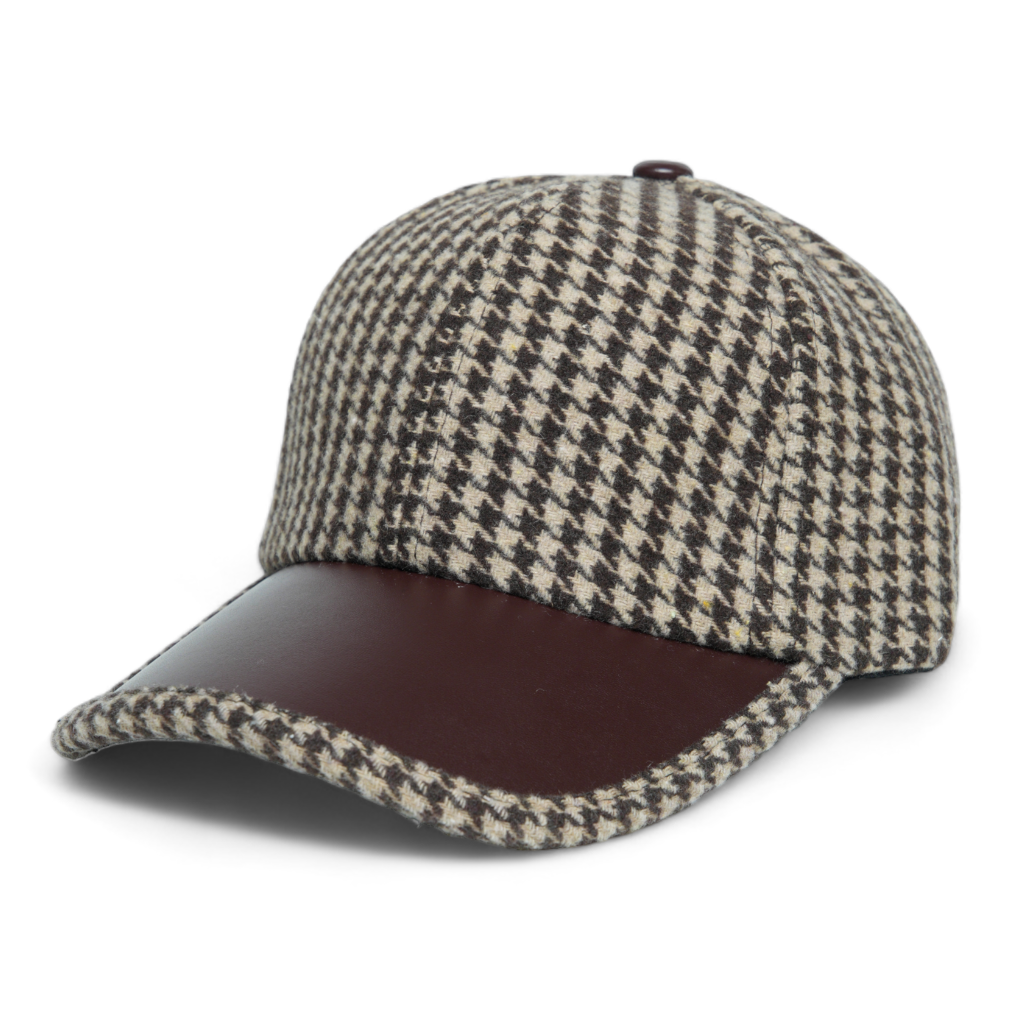Chokore Retro Houndstooth Pattern Baseball Cap with Leather Details (Coffee)