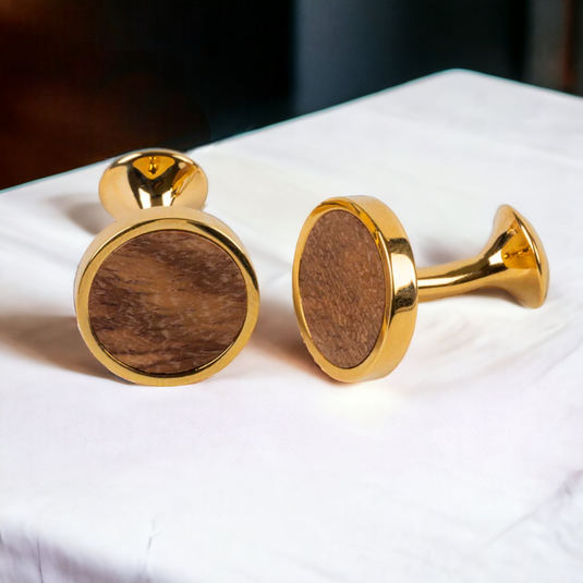 Golden Wood Inlay Brass Cufflinks – Timeless Natural Elegance