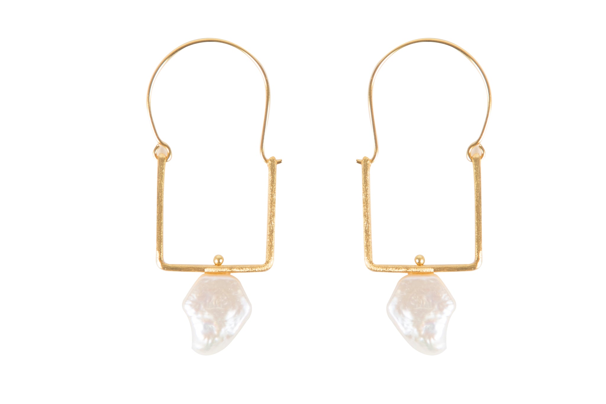 Square Hoops with Baroque Pearl, Gold tone. Handmade