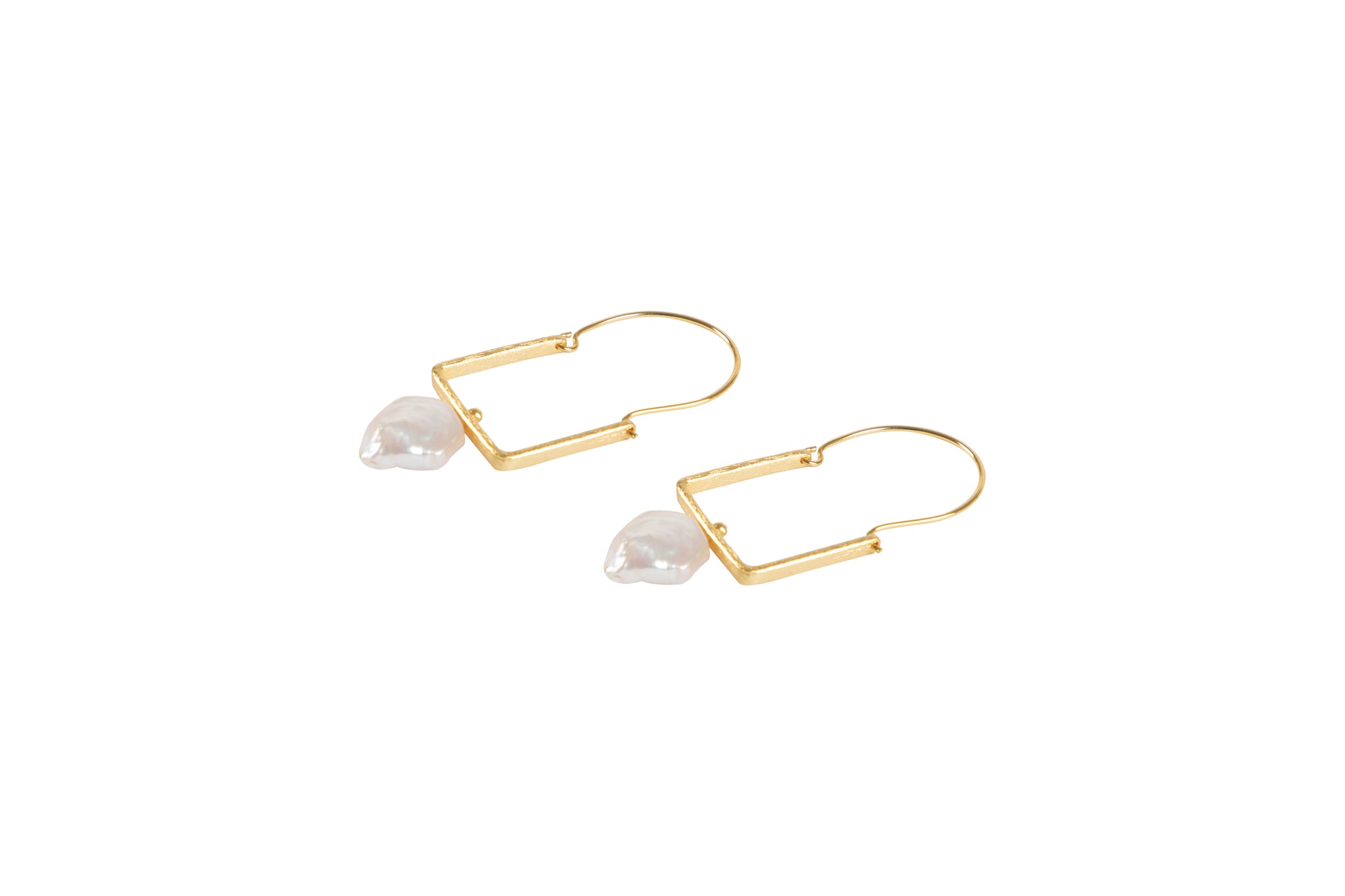 Square Hoops with Baroque Pearl, Gold tone. Handmade