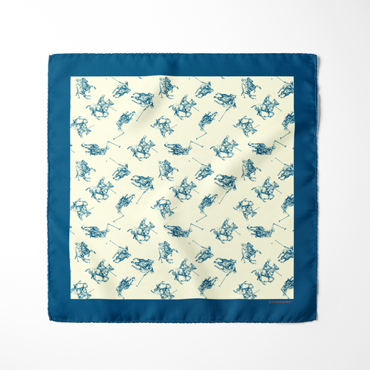 Chokore Blue & Off White Polo Print Silk Pocket Square - Sporty Silks Range