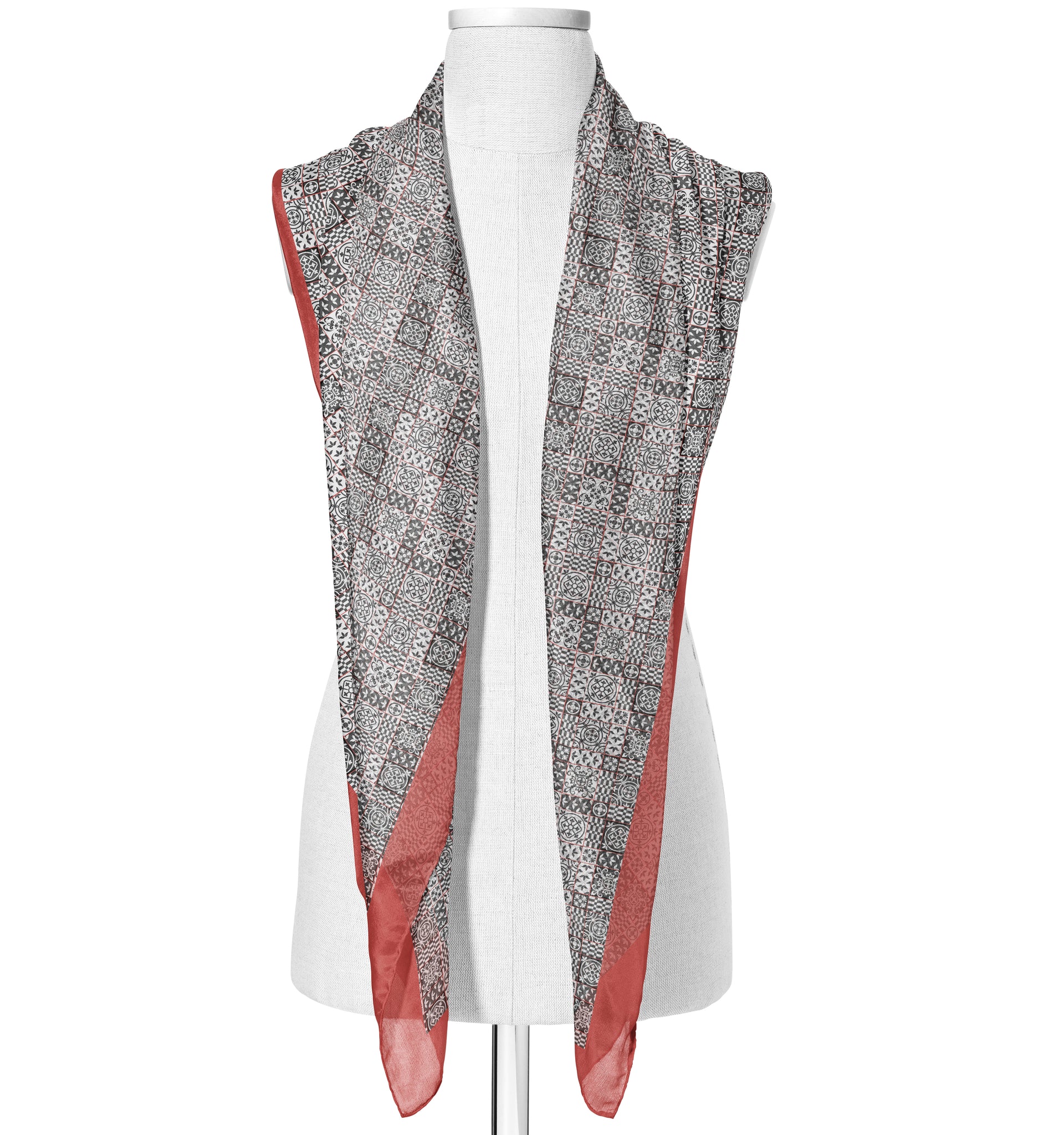 Printed White, Black & Red Satin Silk Stole for Women