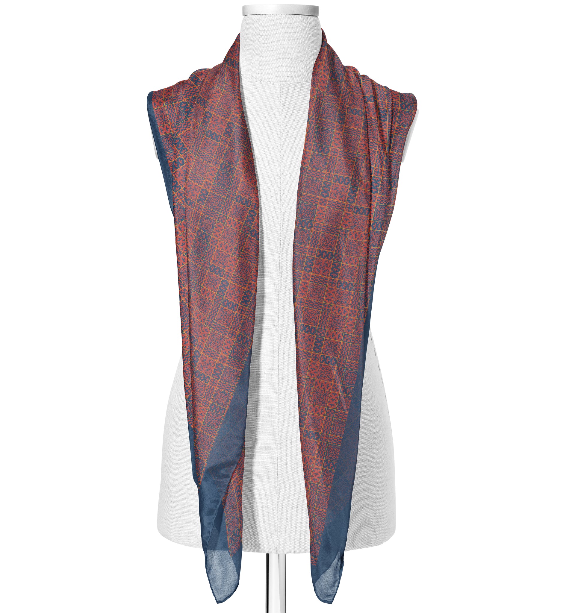 Printed Blue & Red Satin Silk Stole for Women