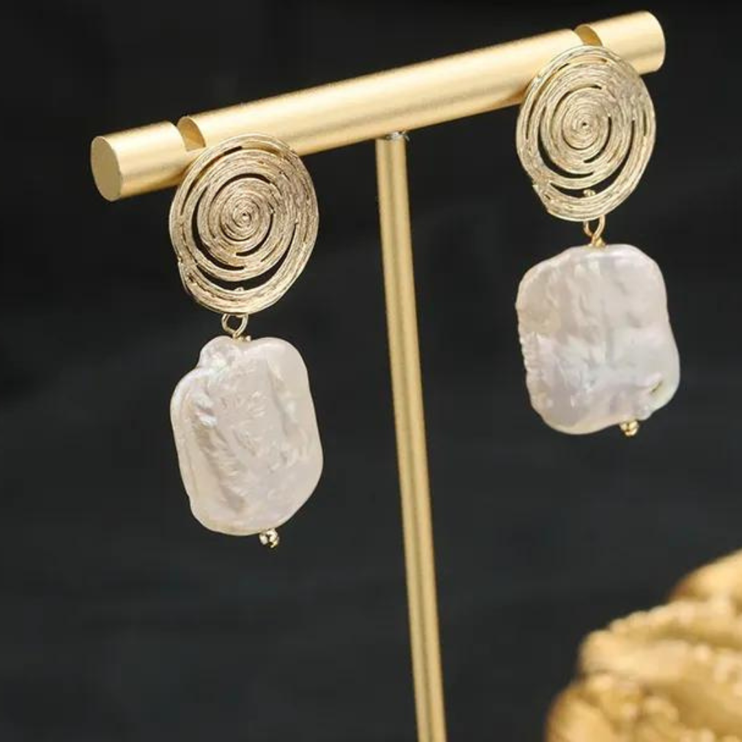 Chokore Gold Coil Baroque Freshwater Pearl Earrings (White)