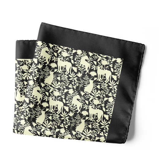 Chokore Black & Off-White Animal print Silk Pocket Square - Wildlife Range