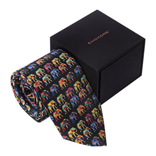 Chokore Black & Multi-coloured Elephants Silk Tie - Wildlife Collection