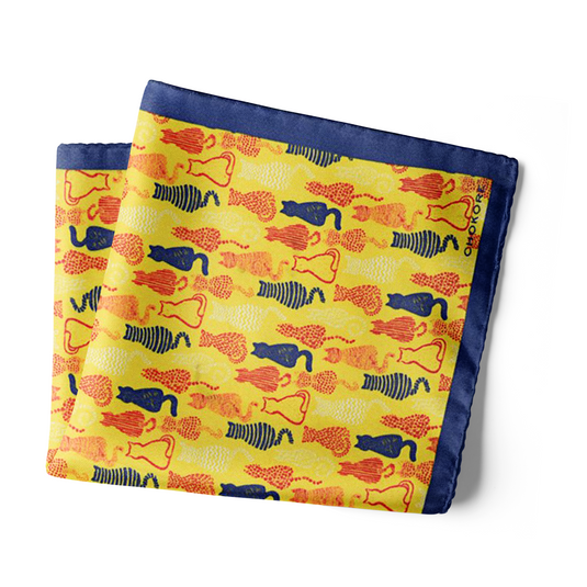 Chokore Yellow & Blue Feline Silk Pocket Square from the Wildlife range