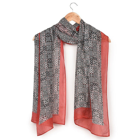 Printed White, Black & Red Silk Stole for Women - Printed White, Black & Red Silk Stole for Women
