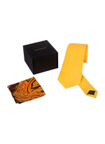 Chokore  Chokore Plain Yellow Color Silk Tie & Choc Brown & Orange Silk Pocket Square from the Marble Design range set