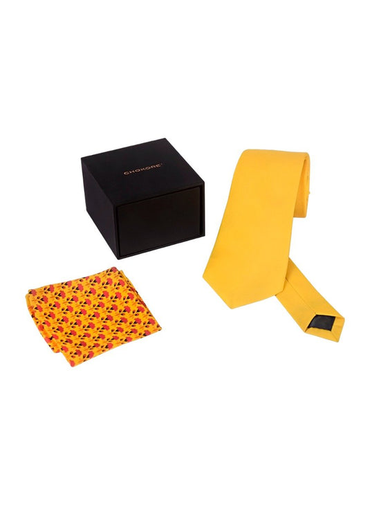 Chokore Plain Yellow Color Silk Tie & Yellow color Floral Print Pocket Square from Indian design set
