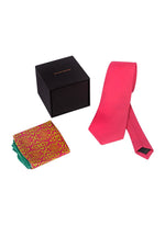 Chokore Chokore Plain Pink color silk tie & Indian at Heart design Light Sea Green & Pink color Satin Silk Pocket Square set 