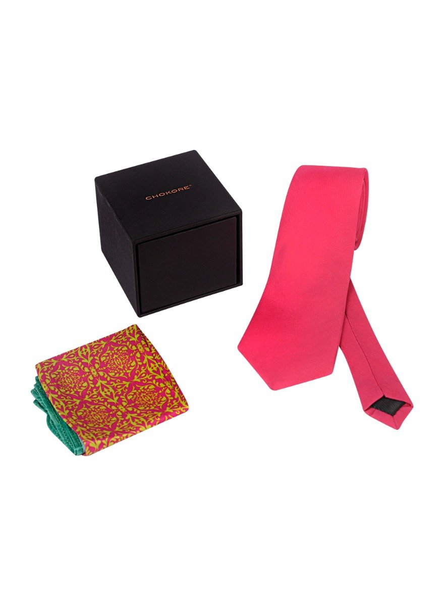 Chokore Plain Pink color silk tie & Indian at Heart design Light Sea Green & Pink color Satin Silk Pocket Square set
