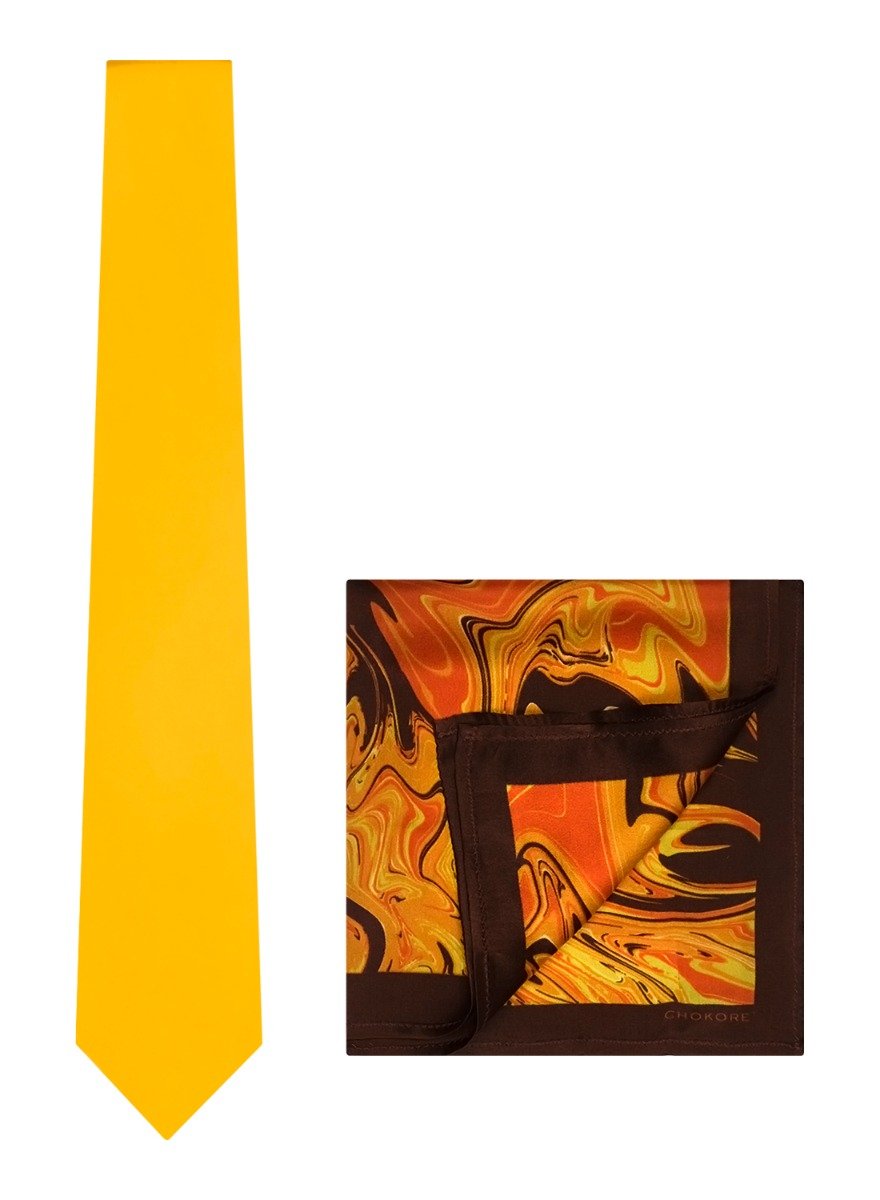 Chokore Plain Yellow Color Silk Tie & Choc Brown & Orange Silk Pocket Square from the Marble Design range set