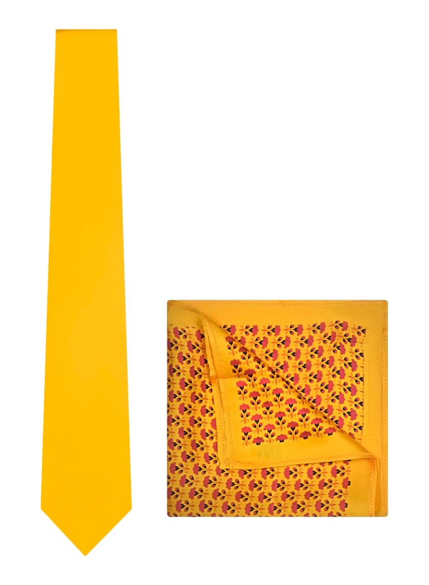Chokore Plain Yellow Color Silk Tie & Yellow color Floral Print Pocket Square from Indian design set