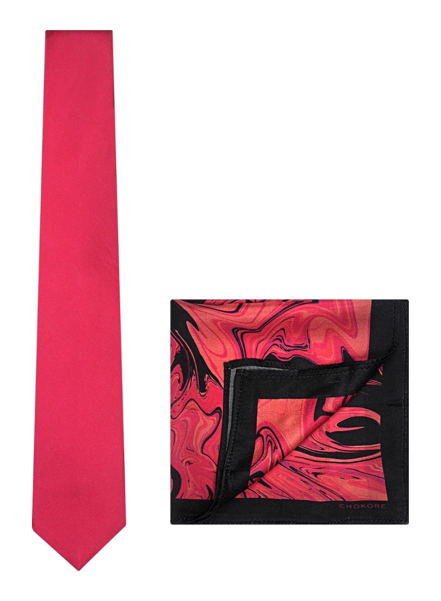 Chokore Plain Pink color silk tie & Magenta Silk Pocket Square from the Marble Design range set