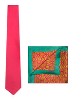 Chokore  Chokore Plain Pink color silk tie & Indian at Heart design Light Sea Green & Pink color Satin Silk Pocket Square set