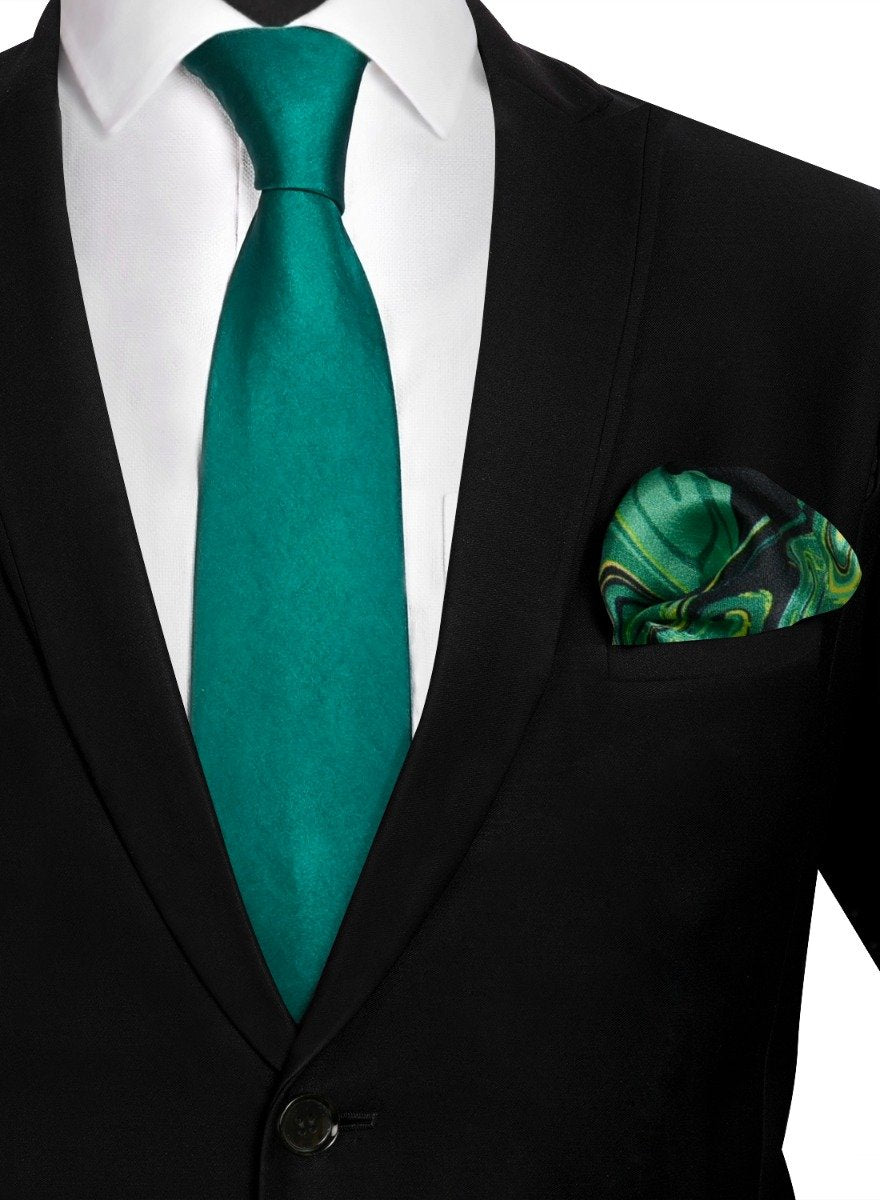 Chokore Dark Sea Green Silk Tie & Lemon Green & Black Silk Pocket Square from the Marble Design set
