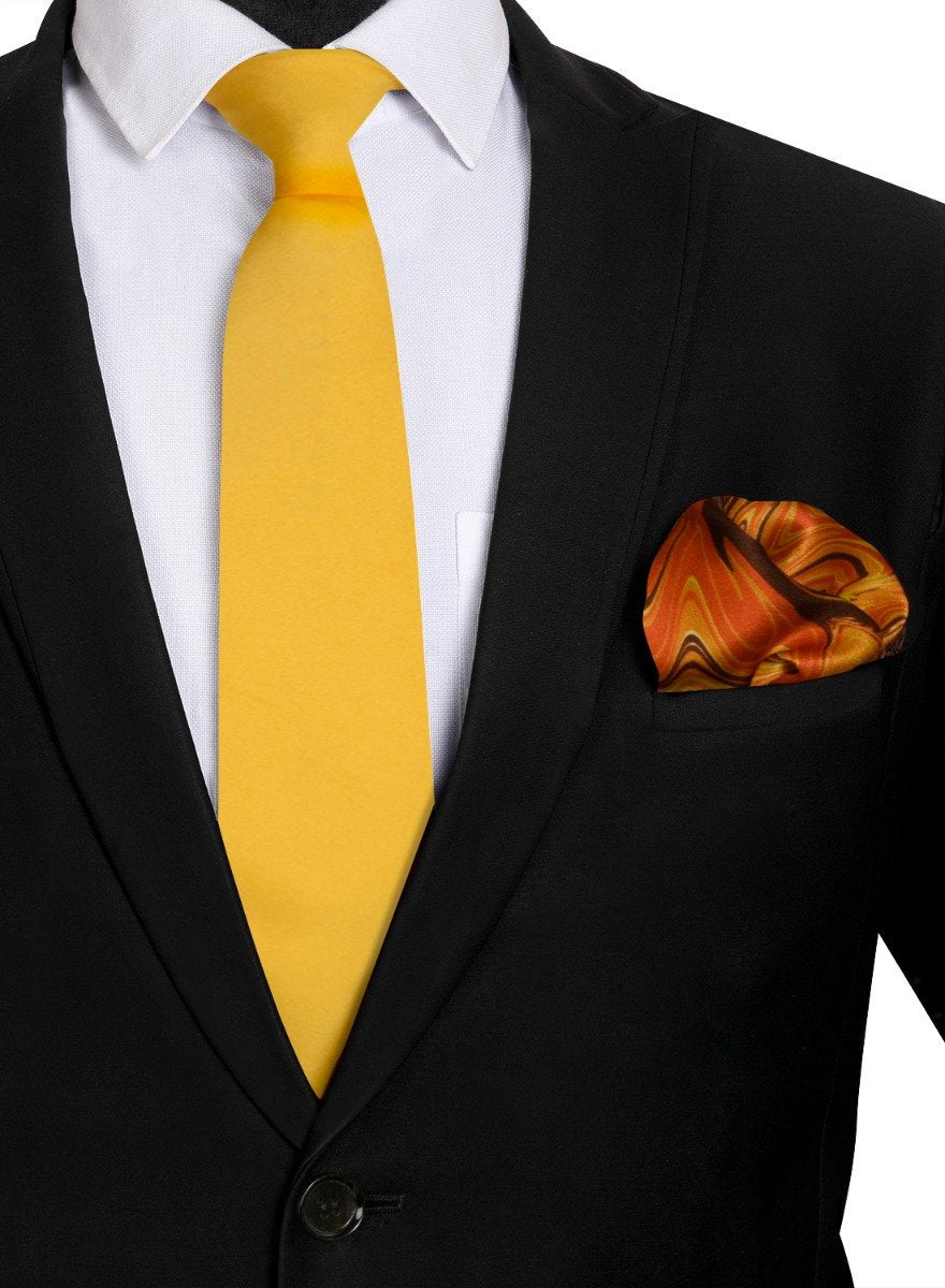 Chokore Plain Yellow Color Silk Tie & Choc Brown & Orange Silk Pocket Square from the Marble Design range set
