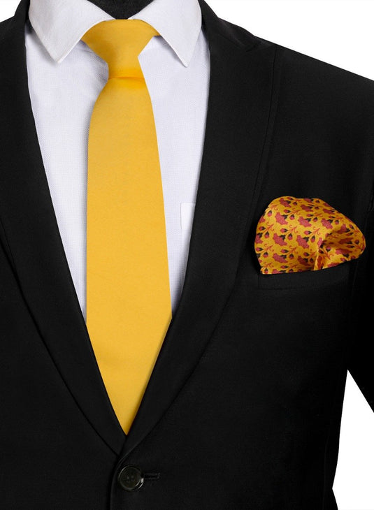 Chokore Plain Yellow Color Silk Tie & Yellow color Floral Print Pocket Square from Indian design set