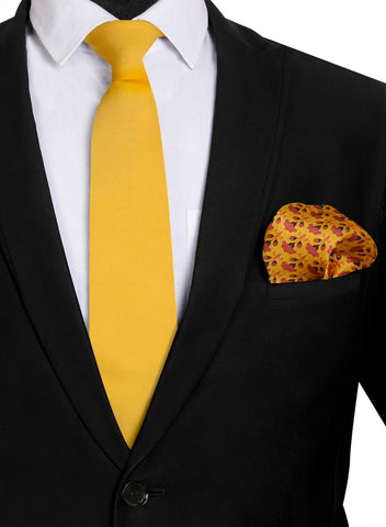 Chokore Plain Yellow Color Silk Tie & Yellow color Floral Print Pocket Square from Indian design set - Chokore Plain Yellow Color Silk Tie & Yellow color Floral Print Pocket Square from Indian design set