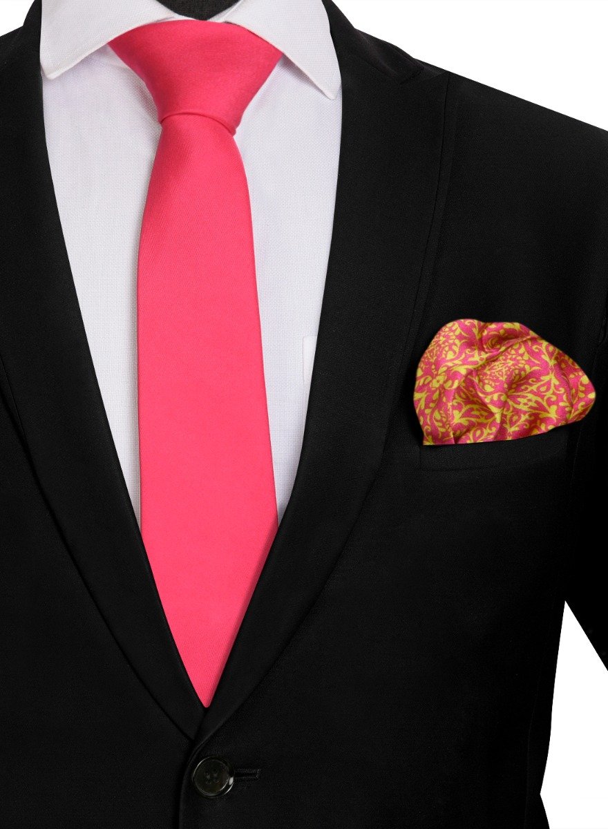 Chokore Plain Pink color silk tie & Indian at Heart design Light Sea Green & Pink color Satin Silk Pocket Square set