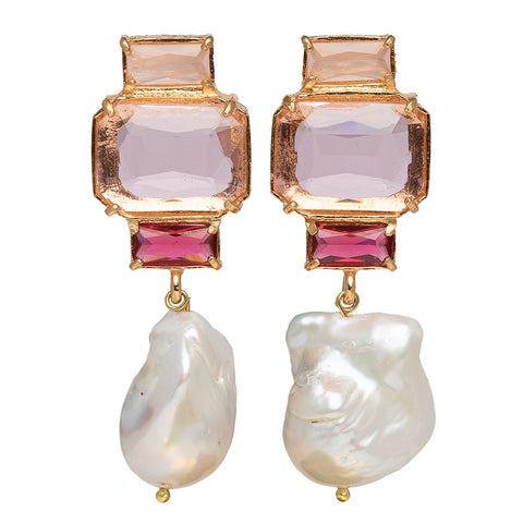 Shades of Pink Crystals with a Pearl Drop. Gold tone. - Shades of Pink Crystals with a Pearl Drop. Gold tone.