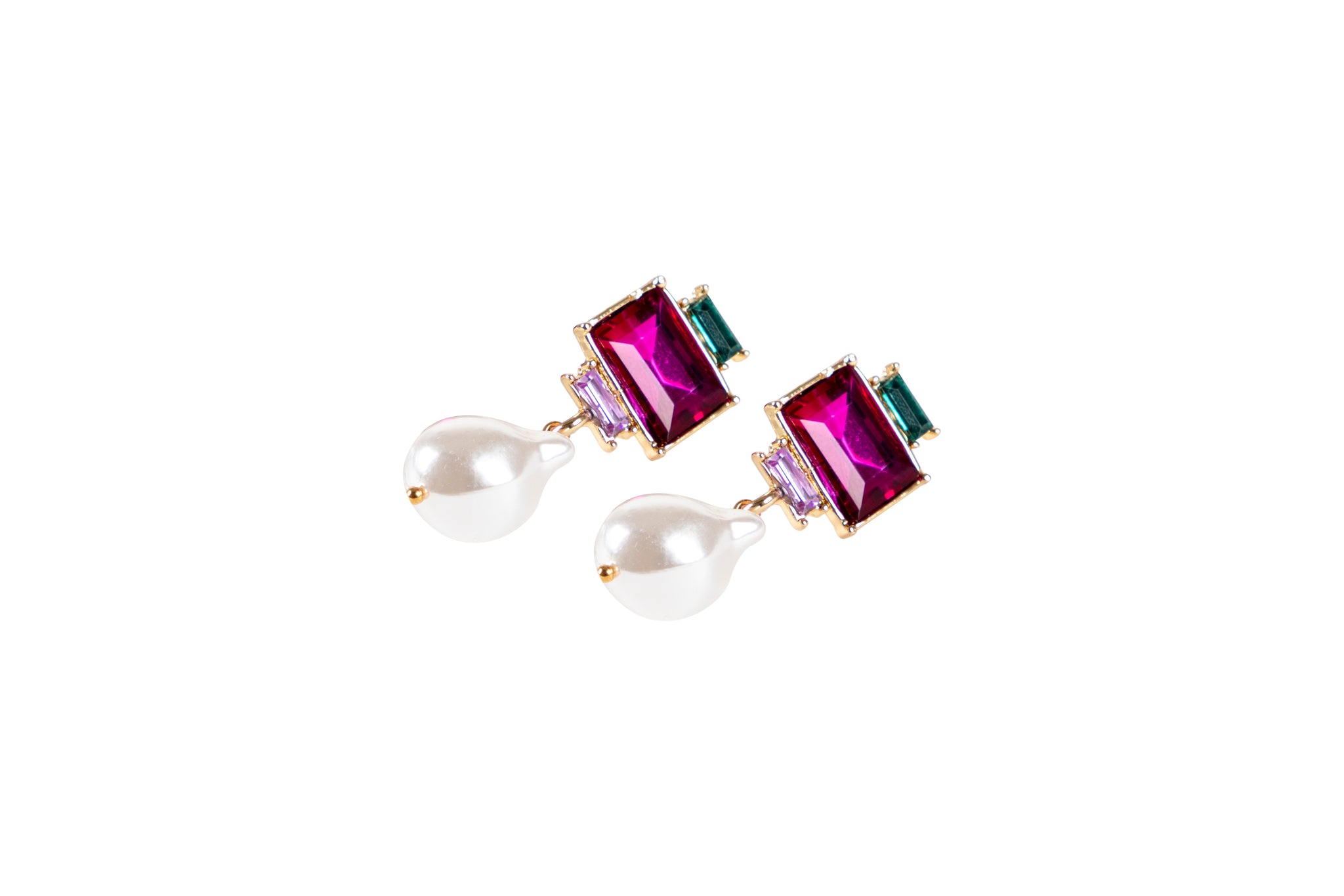 Fuschia & Green Crystals with a Pearl Drop. Gold tone.